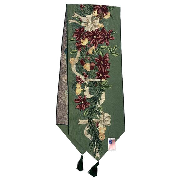 Poinsettia Christmas Table Runner Woven Tapestry Candles Bow Garland NWT 13x72" - Picture 1 of 10